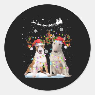 Sticker Rond Bull Terrier Reindeer Santa Hat Noël Lumières Chri