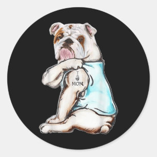 Sticker Rond Bulldog Chien Tattoo J'aime maman Fête des mères A