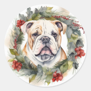 Sticker Rond Bulldog Christmas Wreath Festive Pup