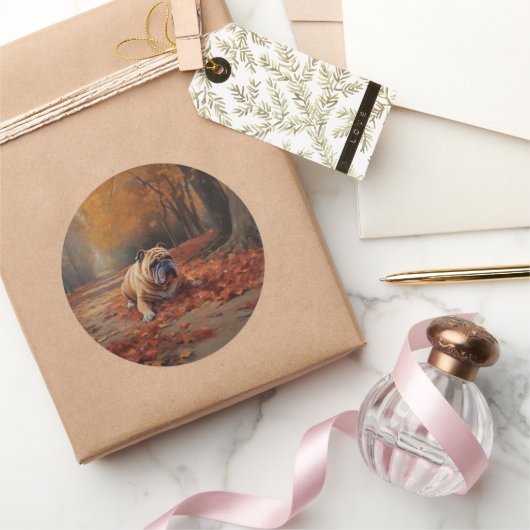 Sticker Rond Bulldog en automne Feuilles automne Inspire (Cadeaux)