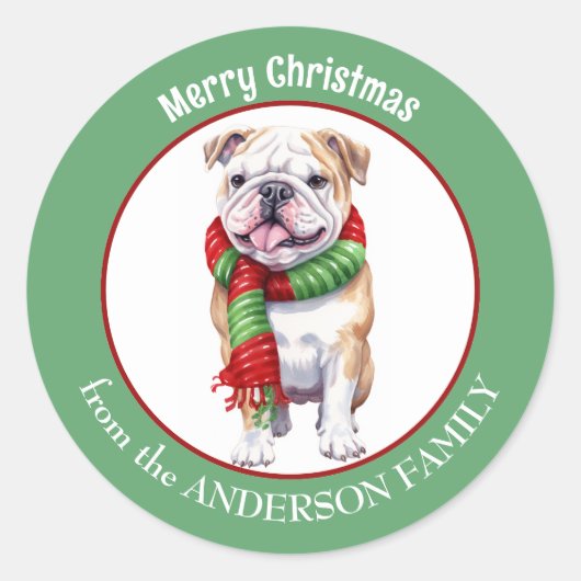 Sticker Rond Bulldog en rouge et vert Écharpe de Noël (Devant)