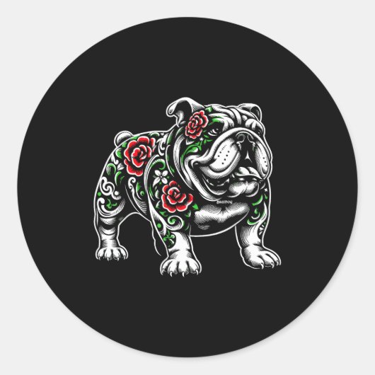 Sticker Rond Bulldog Floral Red Rose Mens Womens (Devant)