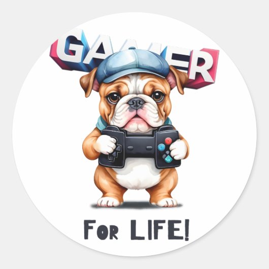 Sticker Rond Bulldog Gamer Pour La Vie (Devant)
