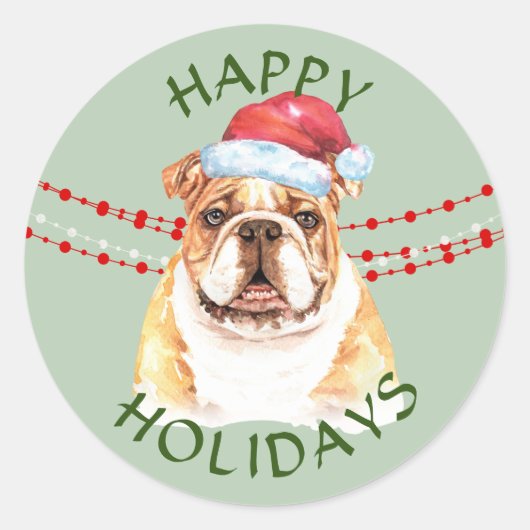 Sticker Rond Bulldog Santa Hat Joyeuses Fêtes (Devant)