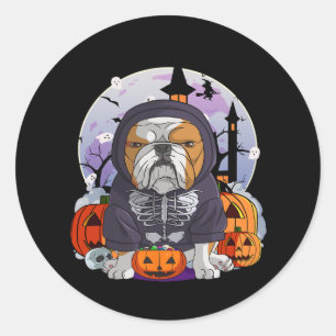 Sticker Rond Bulldog Skeleton costume Halloween sorcier Citroui