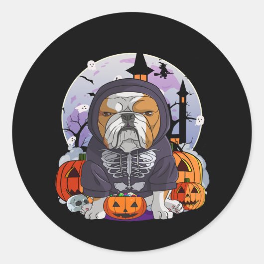 Sticker Rond Bulldog Skeleton costume Halloween sorcier Citroui (Devant)