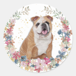 Sticker Rond Bulldog Spring Flowers Wreath