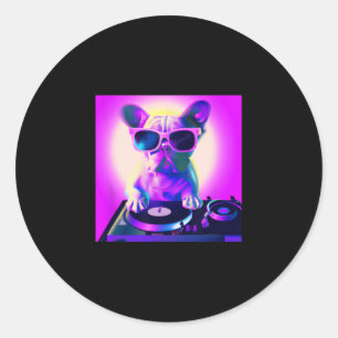 Sticker Rond Bulldog Vaporwave Dj Chien Esthétique Femmes Fille
