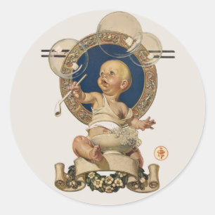 Sticker Rond Bulles de bébé vintage par J.C. Leyendecker Nurser