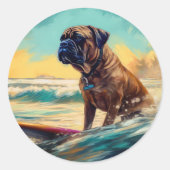 Sticker Rond Bullmastiff Beach Surfing Peinture (Devant)