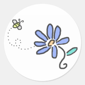 Sticker Rond Bumble Bee and Blue Flower