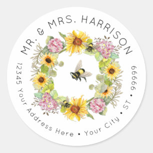 Sticker Rond Bumble Bee Sunflower Hydrangea Floral Adresse