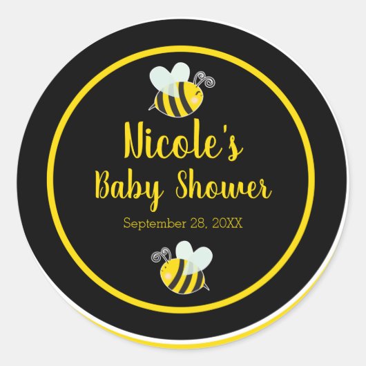 Sticker Rond Bumble Thème Bébé Shower Noir & Jaune Abeille Blan (Devant)