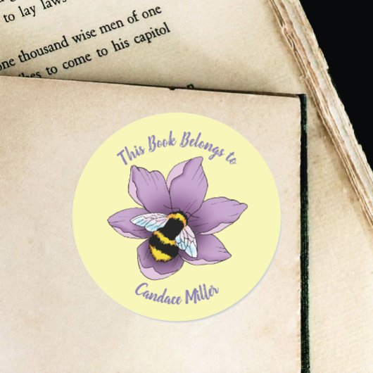 Sticker Rond Bumblebee Lavender Flowers Jaune Plaque-livre