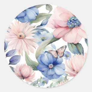 Sticker Rond Bunch de fleurs rose et bleu classique