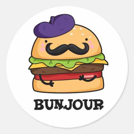 Sticker Rond Bunjour Funny Burger Français Bun Pun (Devant)