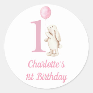 Sticker Rond Bunny & Balloon rose 1er anniversaire