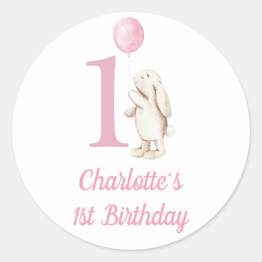 Sticker Rond Bunny & Balloon rose 1er anniversaire (Devant)