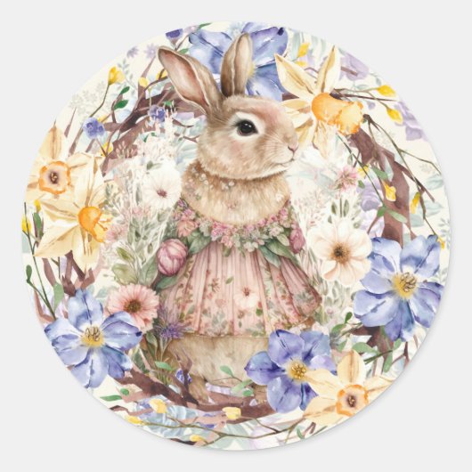 Sticker Rond Bunny de Pâques Printemps Floral (Devant)