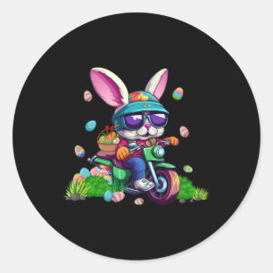 Sticker Rond Bunny Riding Motorcycle Oeufs de Pâques Panier Hom