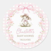 Sticker Rond Bunny Rose Ruban Gingham Baby Shower (Devant)