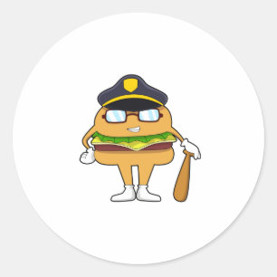Sticker Rond Burger en tant que policier avec casquette de poli