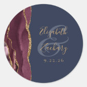 Sticker Rond Burgundy Agate Navy Blue Gold Script Mariage (Devant)