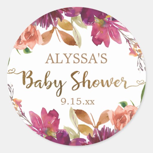 Sticker Rond Burgundy Aquarelle Floral Gold Script Baby shower (Devant)