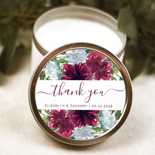 Sticker Rond Burgundy Blue Floral Mariage Merci