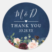 Sticker Rond Burgundy Blush Floral Navy Blue Mariage Merci (Devant)