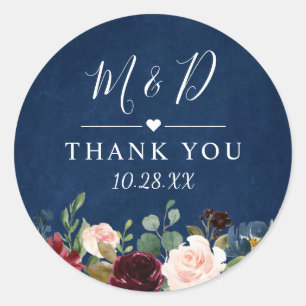 Sticker Rond Burgundy Blush Floral Navy Blue Mariage Merci