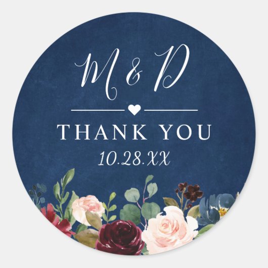 Sticker Rond Burgundy Blush Floral Navy Blue Mariage Merci (Devant)
