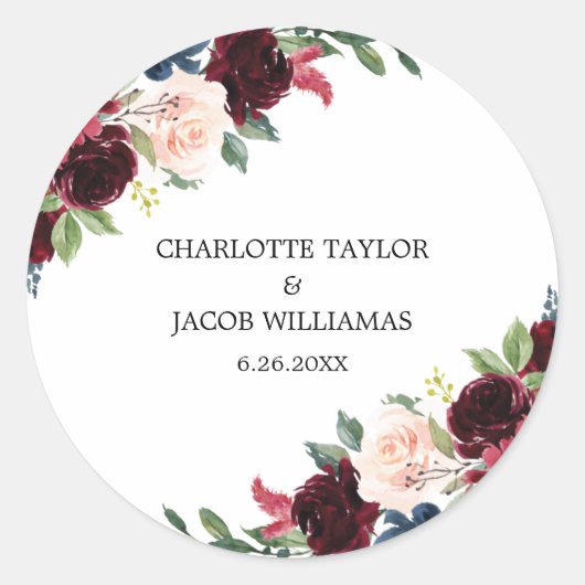 Sticker Rond Burgundy Blush Navy Blue Floral Rustic Mariage (Devant)