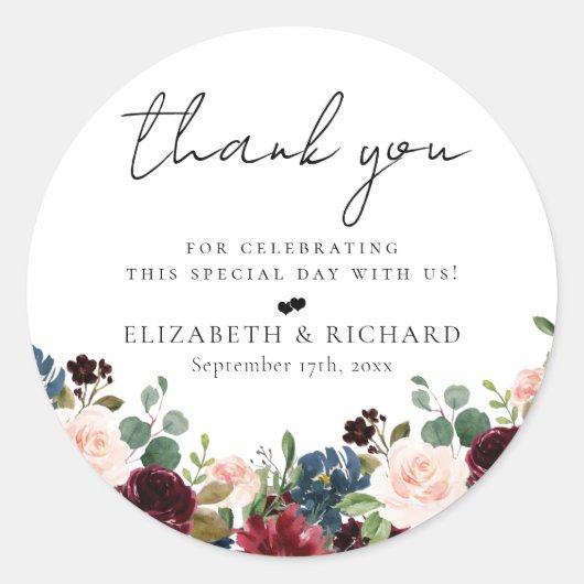 Sticker Rond Burgundy Blush Navy Floral Mariage (Devant)