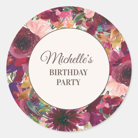 Sticker Rond Burgundy Blush rose Floral fête d'anniversaire (Devant)