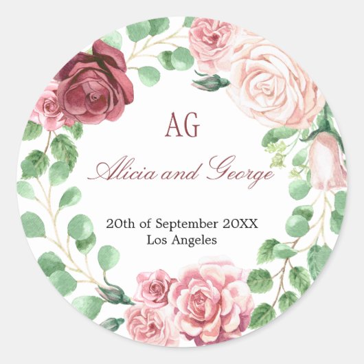Sticker Rond Burgundy Blush Roses Wreath Mariage monogramme (Devant)
