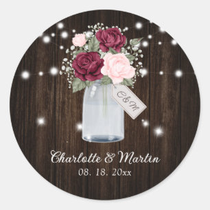 Sticker Rond Burgundy Blush Rustic Bois Monogramme Floral Maria