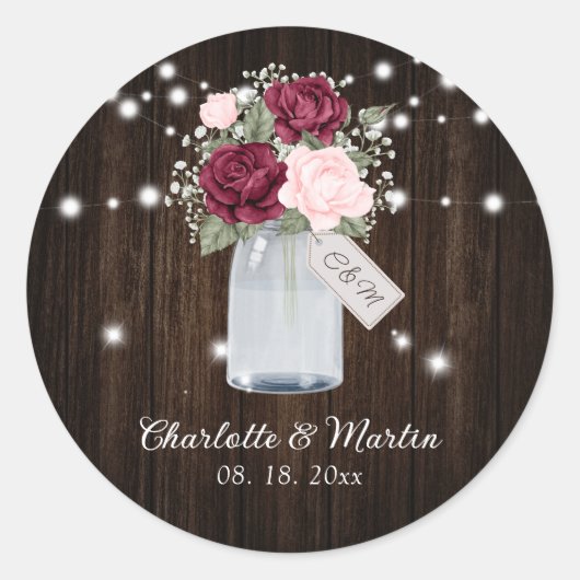 Sticker Rond Burgundy Blush Rustic Bois Monogramme Floral Maria (Devant)