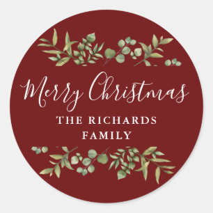 Sticker Rond Burgundy Greenery Joyeux Noël Nom de famille