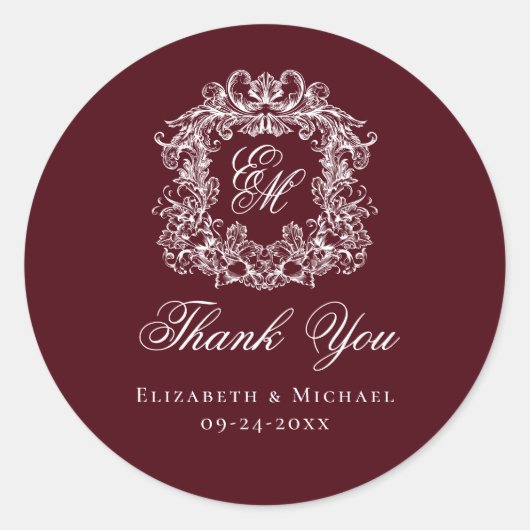 Sticker Rond Burgundy Monogram Wedding Crest Thank You (Devant)