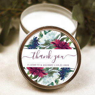 Sticker Rond Burgundy Navy Blue Floral Mariage Merci