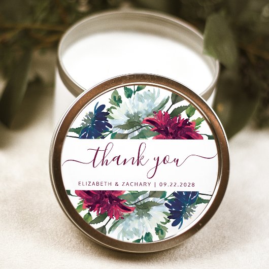 Sticker Rond Burgundy Navy Blue Floral Mariage Merci
