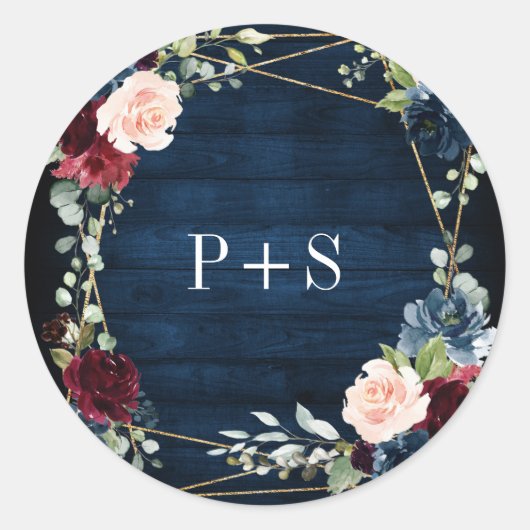 Sticker Rond Burgundy Navy Blush Floral Mariage géométrique (Devant)