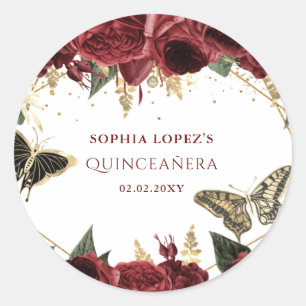 Sticker Rond Burgundy Or Floral Papillons Quinceanera