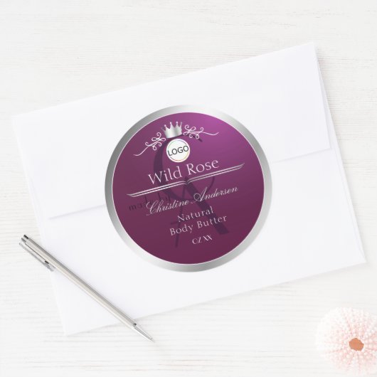 Sticker Rond Burgundy Product Label Silver Frame Logo Monogram (Enveloppe)