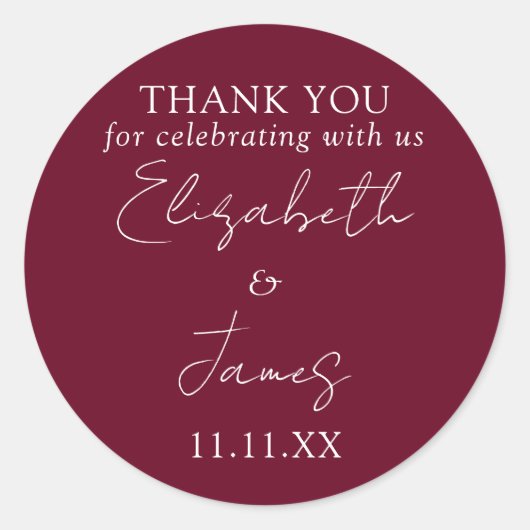 Sticker Rond Burgundy Rouge élégant Mariage de script Merci (Devant)