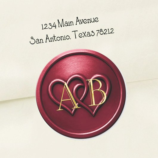 Sticker Rond Burgundy Two Hearts Intertwined Monogram Wedding