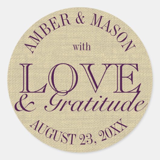 Sticker Rond Burlap Amour et Gratitude (Devant)