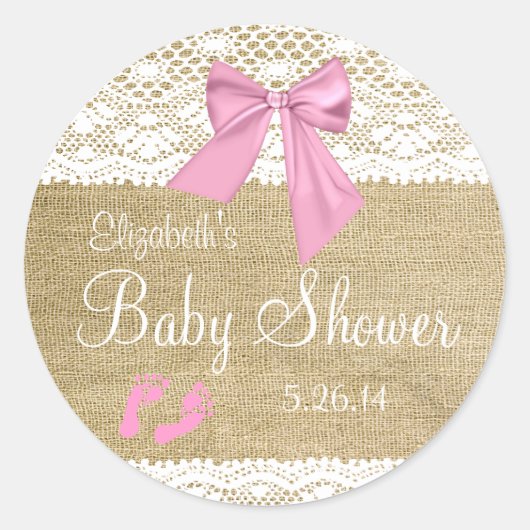 Sticker Rond Burlap, Dentelle Blanche, Baby shower Bow Rose (Devant)