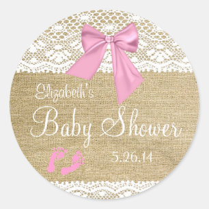 Sticker Rond Burlap, Dentelle Blanche, Baby shower Bow Rose